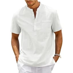 Cotton Linen Shirt Men Henley Neck Pocket Casual Beach Short Sleeve Solid Color Male Tops T-shirts Vintage Streetwear