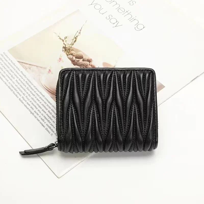 Genuine Lambskin Fold Design Ladies Short Wallet Sheep Leather Women Fashion Trendy Card Holders Coin Purse Wallet Zipper Poucht