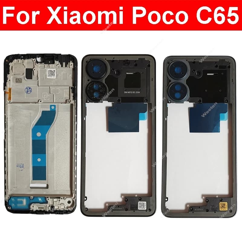 LCD Middle Frame Housing For Xiaomi Poco C65 With NFC Back Cover Housing Front Frame Chassis with Volume Buttons Repair Parts