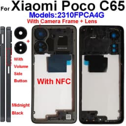 LCD Middle Frame Housing For Xiaomi Poco C65 With NFC Back Cover Housing Front Frame Chassis with Volume Buttons Repair Parts