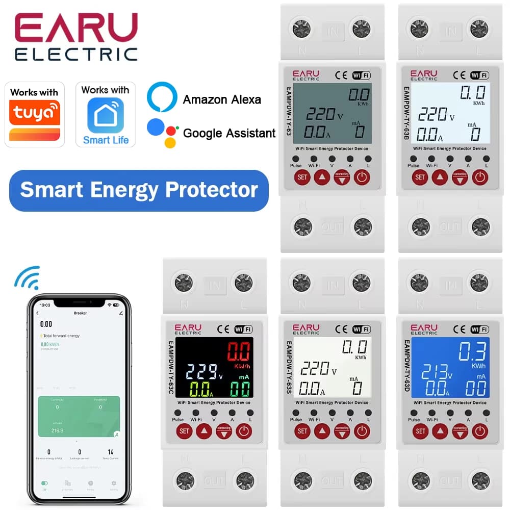 EARU Tuya WiFi Smart Enery Power kWh Meter Monitor Under Over Voltage Current Earth Leakage Protector Time Relay Switch Breaker