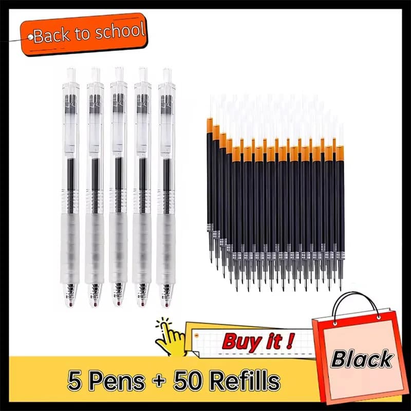 5 Pens 50 Refills Gel Ink Pen Set 0.5mm Black Ink Retractable Transparent Design Soft Grip Smooth Writing Office School Supplies