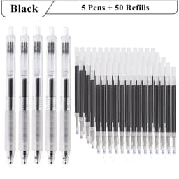 5 Pens 50 Refills Gel Ink Pen Set 0.5mm Black Ink Retractable Transparent Design Soft Grip Smooth Writing Office School Supplies