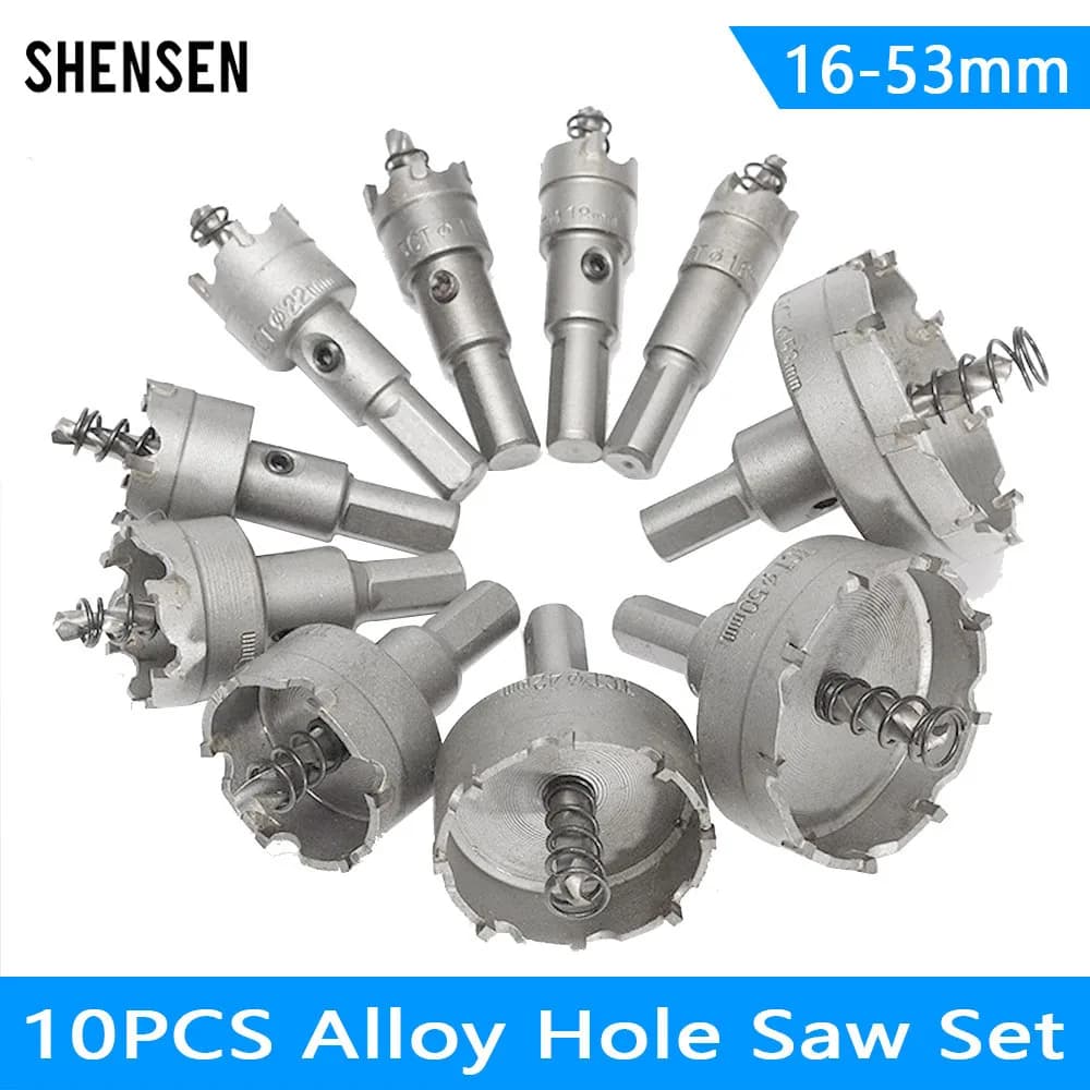 10Pcs16-53mm Alloy Hole Saw Set Carbide Tip TCT Metal Cutter Core Drill Bit Kits for Stainless Steel Metal Drilling Crown