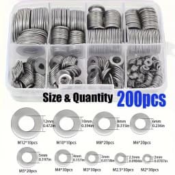 200/400pcs Stainless Steel Flat Washers Set (M2-M12) – Home DIY, Industrial Repair, Kitchen Decoration & Outdoor Maintenance