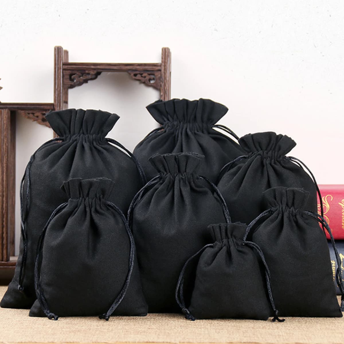 1 Pcs/Lot Black Thick Canvas Drawstring Wedding Pouches for Gift Package Home Organizer Heavy Duty Sturdy Cotton Storage Bags