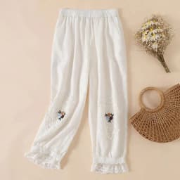 Embroidery Bloomers Lace Linen Casual Elastic High Waist Loose Wide Leg Women's Pants Ankle-Length Pants For Women Clothing 2024