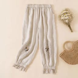 Embroidery Bloomers Lace Linen Casual Elastic High Waist Loose Wide Leg Women's Pants Ankle-Length Pants For Women Clothing 2024