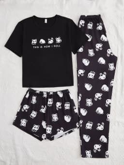 Women's new style three-piece black short-sleeved top panda print shorts pant suit cartoon casual home wear