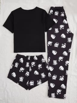 Women's new style three-piece black short-sleeved top panda print shorts pant suit cartoon casual home wear