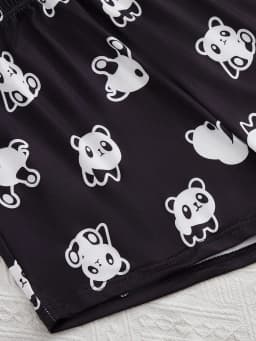 Women's new style three-piece black short-sleeved top panda print shorts pant suit cartoon casual home wear