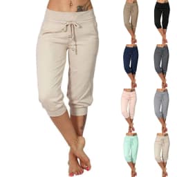 Classic Solid Color Jogging Pants Women Cotton Linen Capris Trousers Bandage Double Pocket Pants Summer Beach Vacation Wear
