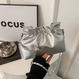 Women's Chain Bag Fashion Versatile Classic Solid Color Crossbody Bag Drawstring Shoulder Bag Silver Bucket Bag