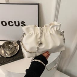 Women's Chain Bag Fashion Versatile Classic Solid Color Crossbody Bag Drawstring Shoulder Bag Silver Bucket Bag