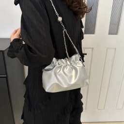 Women's Chain Bag Fashion Versatile Classic Solid Color Crossbody Bag Drawstring Shoulder Bag Silver Bucket Bag