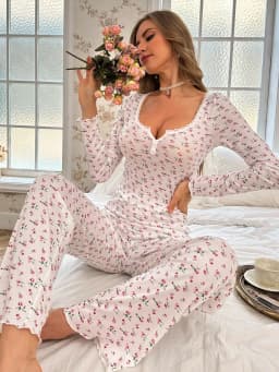 Sleepwear Suit Cute Bowknot Print Lettuce Trim Top with Long Pant Lovely Loungewear Full Sleeve Nightwear Autumn Pajamas Set