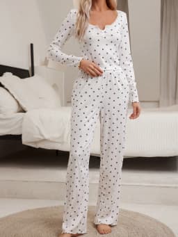 Sleepwear Suit Cute Bowknot Print Lettuce Trim Top with Long Pant Lovely Loungewear Full Sleeve Nightwear Autumn Pajamas Set