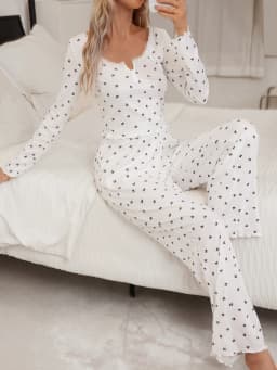 Sleepwear Suit Cute Bowknot Print Lettuce Trim Top with Long Pant Lovely Loungewear Full Sleeve Nightwear Autumn Pajamas Set