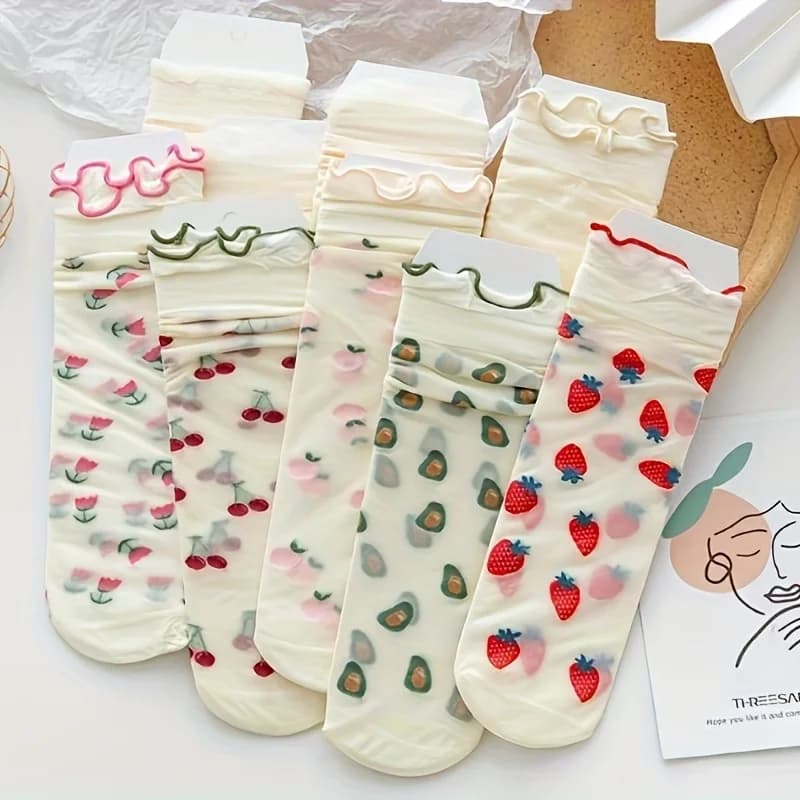 Randomly 5 pairs of socks mid length socks spring and summer thin lace socks cute breathable socks