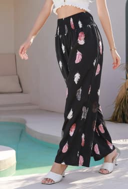 Feather Print Wide Leg Pants Casual Shirred Waist Loose Pants For Spring Summer Womens Clothing