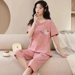 Pajamas Women Seven-Minute Trousers Thin Section Suit Large Size Air-Conditioning Clothing Brown Bear Home Wear Pink Can Be Worn