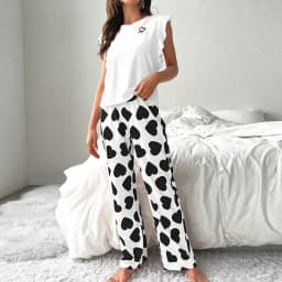 Heart & Letter Printed Womens Pajama Pj Set Soft Short Sleeve Tops & Elastic Waist Pants Pyjama Pijama Femme Casual Home Clothes