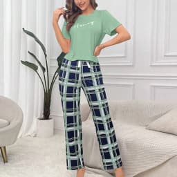 Heart & Letter Printed Womens Pajama Pj Set Soft Short Sleeve Tops & Elastic Waist Pants Pyjama Pijama Femme Casual Home Clothes