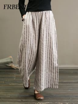 Women's Pants Summer Vintage Cotton and Linen Striped Wide-leg Pants Skinny Draped Casual Straight Nine Pants Casual Trousers