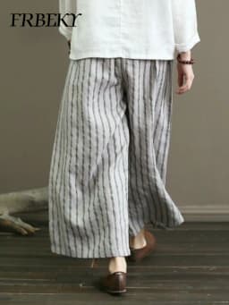 Women's Pants Summer Vintage Cotton and Linen Striped Wide-leg Pants Skinny Draped Casual Straight Nine Pants Casual Trousers
