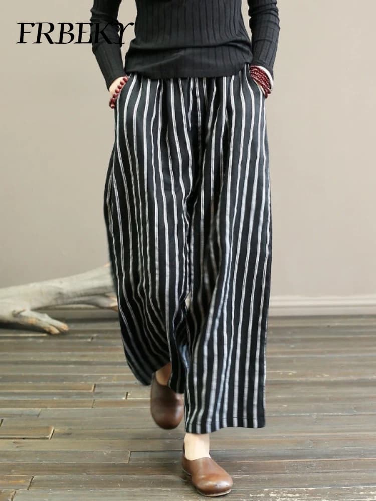 Women's Pants Summer Vintage Cotton and Linen Striped Wide-leg Pants Skinny Draped Casual Straight Nine Pants Casual Trousers