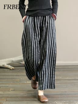 Women's Pants Summer Vintage Cotton and Linen Striped Wide-leg Pants Skinny Draped Casual Straight Nine Pants Casual Trousers