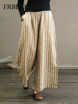 Women's Pants Summer Vintage Cotton and Linen Striped Wide-leg Pants Skinny Draped Casual Straight Nine Pants Casual Trousers
