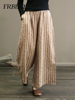 Women's Pants Summer Vintage Cotton and Linen Striped Wide-leg Pants Skinny Draped Casual Straight Nine Pants Casual Trousers