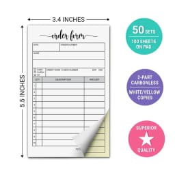 1 Receipt Book, Carbonless Paper - Sales Order, Small Business Invoice Book - (50 Each White/Yellow)