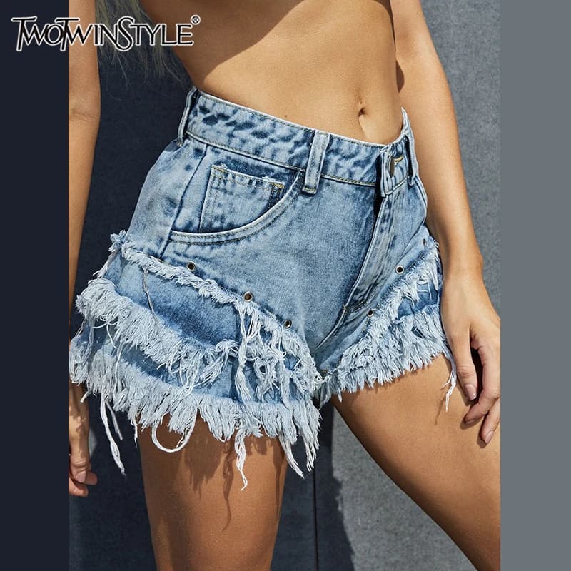 TWOTWINSTYLE Streetwear Short Pants For Women High Waist Solid Patchwork Raw Hem Denim Shorts Female Summer Clothing Fashion New
