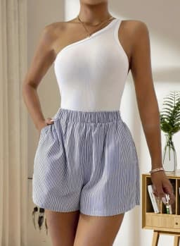Striped Pattern Elastic Waist Shorts Casual Loose Shorts For Spring Summer Womens Clothing