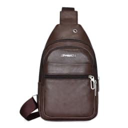 Solid Color Men's Sling Bag Fashion PU Leather Large Capacity Crossbody Bag with Earphones Hole Anti-theft Chest Bag