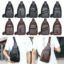 Solid Color Men's Sling Bag Fashion PU Leather Large Capacity Crossbody Bag with Earphones Hole Anti-theft Chest Bag