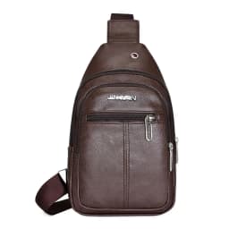 Solid Color Men's Sling Bag Fashion PU Leather Large Capacity Crossbody Bag with Earphones Hole Anti-theft Chest Bag