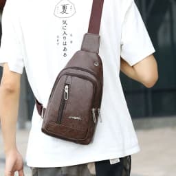 Solid Color Men's Sling Bag Fashion PU Leather Large Capacity Crossbody Bag with Earphones Hole Anti-theft Chest Bag