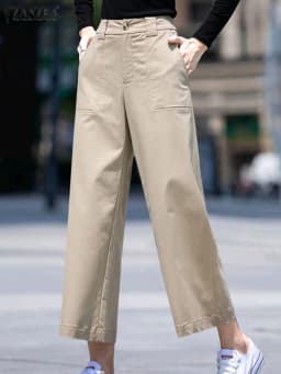 ZANZEA Korean Office Straight Long Pants Women Summer Solid Double Buckle Mid-rise Pantalon 2024 Vintage Loose Wide Leg Trousers