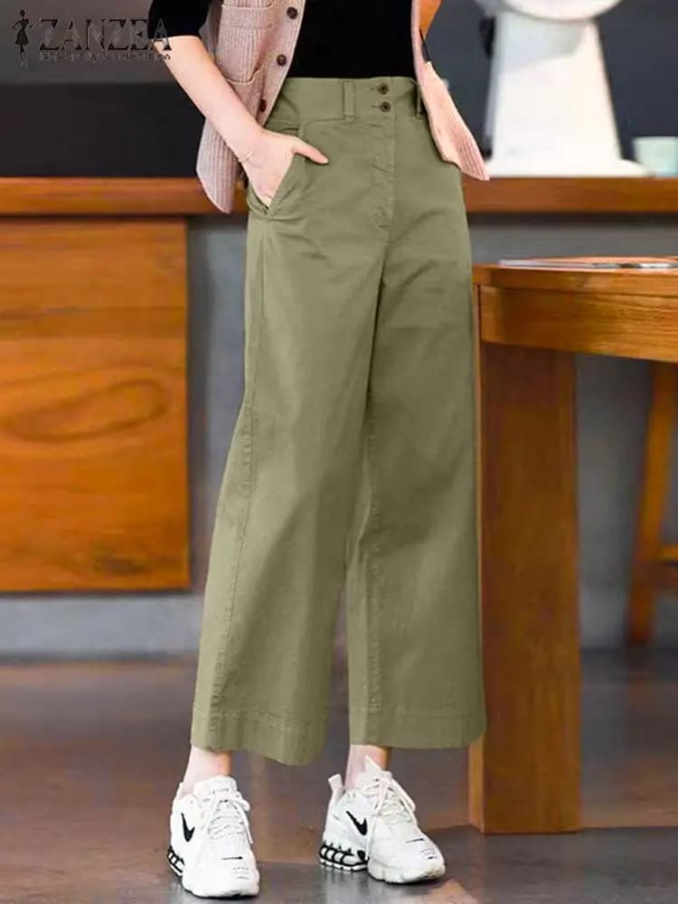 ZANZEA Korean Office Straight Long Pants Women Summer Solid Double Buckle Mid-rise Pantalon 2024 Vintage Loose Wide Leg Trousers