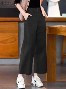 ZANZEA Korean Office Straight Long Pants Women Summer Solid Double Buckle Mid-rise Pantalon 2024 Vintage Loose Wide Leg Trousers
