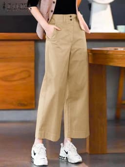 ZANZEA Korean Office Straight Long Pants Women Summer Solid Double Buckle Mid-rise Pantalon 2024 Vintage Loose Wide Leg Trousers