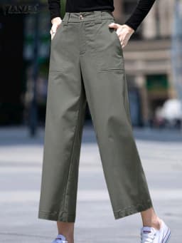 ZANZEA Korean Office Straight Long Pants Women Summer Solid Double Buckle Mid-rise Pantalon 2024 Vintage Loose Wide Leg Trousers