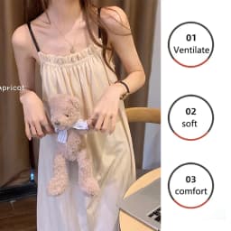Girl Korean Chic Healing Princess Style Ruffled Simple Sweet Pajamas Women Summer Autumn Sling Mid-Length Nightgown Homewear