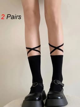 2 Pairs Jk Mid Tube Women Lace Up Socks Fashionable Versatile Black White Solid Color Cross Straps Comfortable Breathable Socks