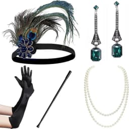 PESENAR 1920s Flapper Accessories Gatsby Costume Accessories Set 20s Flapper Headband Pearl Necklace Gloves Plastic Holder