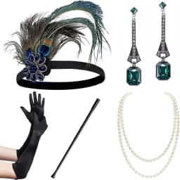 PESENAR 1920s Flapper Accessories Gatsby Costume Accessories Set 20s Flapper Headband Pearl Necklace Gloves Plastic Holder