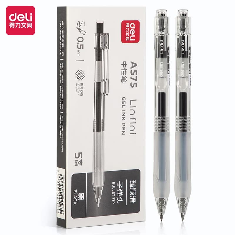 Deli-5Pcs Retractable Gel Pen,Black Ink Ballpoint for Writing,Office and School Supplies,Stationery,0.5mm